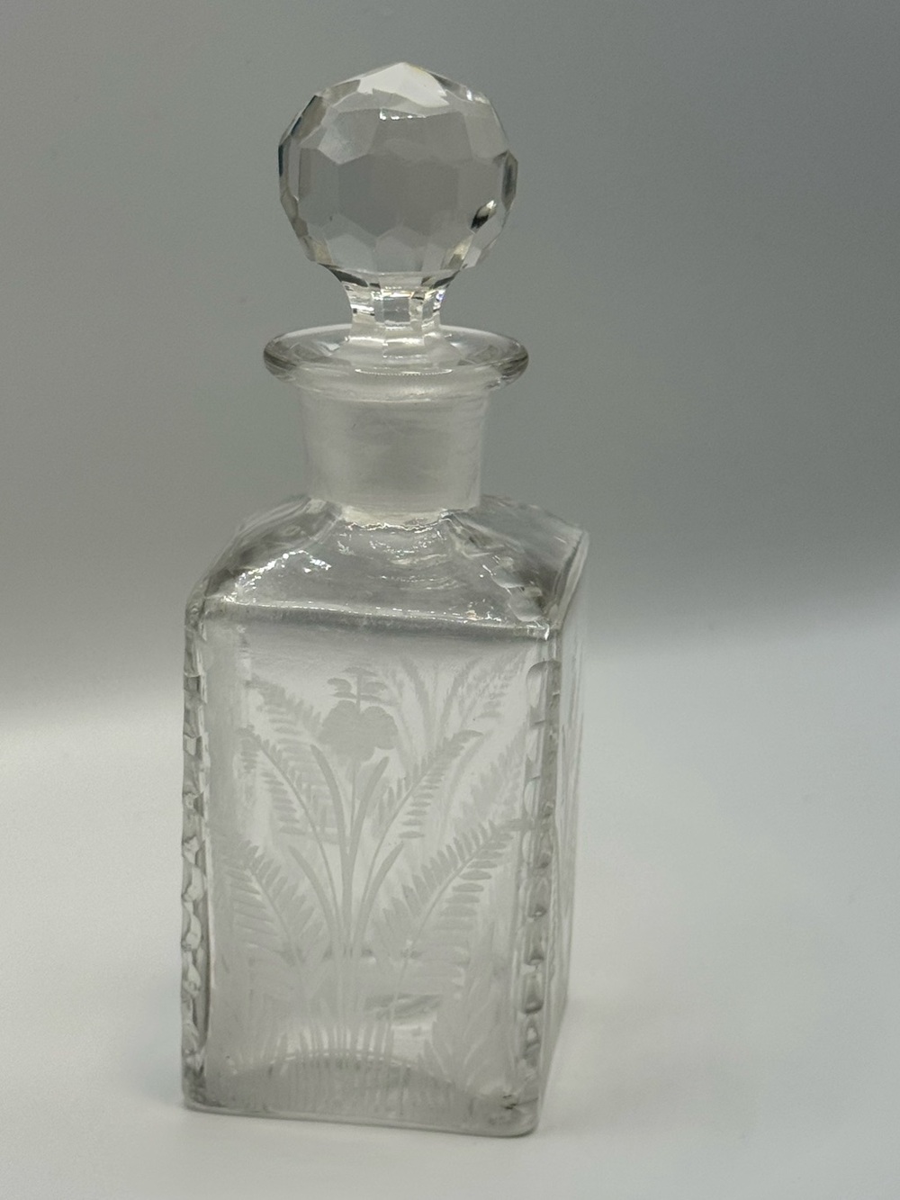 Bohemian Czech Art Deco Engraved Crystal Clear Cut Glass Perfume Bottle